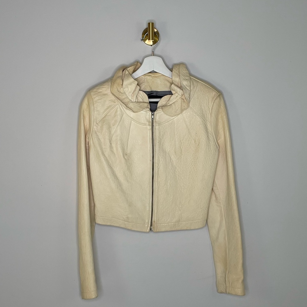 Jacket | 90s Vintage Podoll Cropped Leather Coat Butter Yellow Ruffle  **RARE** - Picture 2 of 16